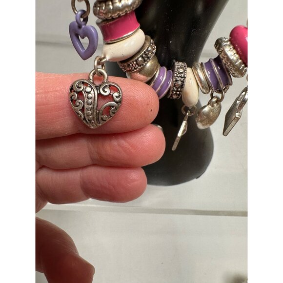 Silver Charm Bracelet Pink Purple Accents Heart Bag Pendants Design Womens - Picture 8 of 14